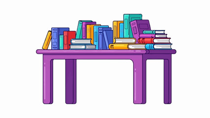 A vibrant, flat-design illustration of a purple table laden with stacks of colorful books