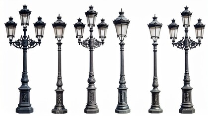 Nine vintage street lamps in a row—each with unique design, lantern count, and ornate detailing.