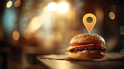 Juicy burger presented inside a map location pin with warm ambient lighting and defocused background, conveying nearby food options, restaurant navigation, and convenient online food ordering services