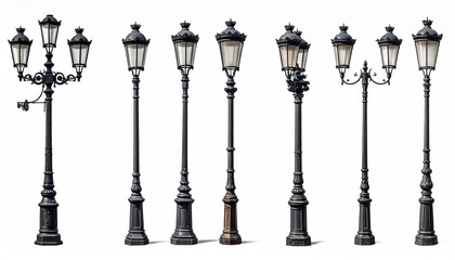 Nine vintage street lamps in a row—each with unique design, lantern count, and ornate detailing.