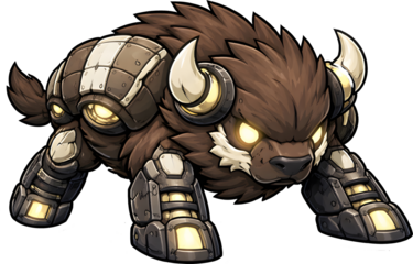 cybernetic bison monster with glowing armor and mechanical legs – sci-fi fantasy creature illustration transparent background