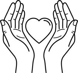 Obraz premium Outline of two hands holding heart symbol, love care concept, gesture of support, donation and kindness, charity symbol, vector illustration
