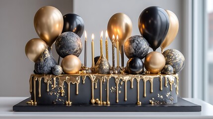 An elegant black and gold cake decorated with flickering candles and vibrant balloons for a celebratory occasion.