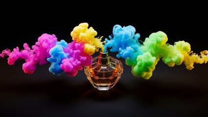 A perfume bottle stands amidst vibrant swirling clouds of pink blue yellow green and orange smoke against a stark black background