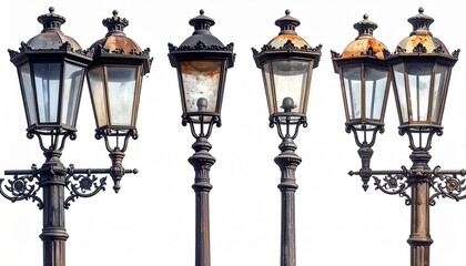 Vintage street lamp with ornate scrollwork and four lanterns—classic design highlighted against white background.