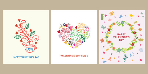 Whimsical Valentine's Day card set featuring hand-drawn floral wreaths, abstract hearts, and doodle elements celebrating love and romance.