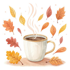 Steaming coffee cup surrounded by colorful autumn leaves creating a cozy seasonal atmosphere