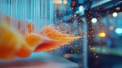 Fiber optic strands cascading and converging, undergoing transformation through an innovative production process, symbolizing advanced communication technology and data transmission