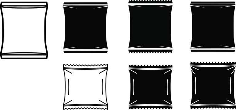 Snack bags or sachets. Chip bag snack wrapper vector icon silhouette. 