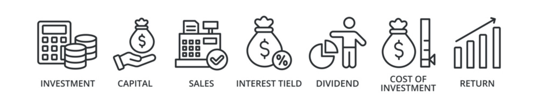 Roi banner icon with investment, capital, sales, interest tield, dividend, cost of investment, return