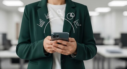 Woman in office using smartphone with business analytics overlay