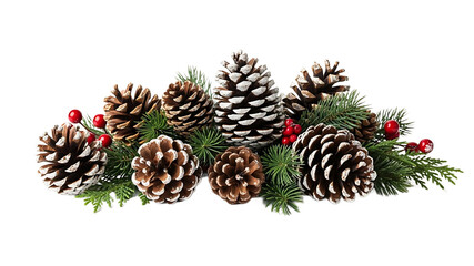 A festive evergreen spruce branch decorated with natural pine cones and holiday ornaments serves as a beautiful winter Christmas tree decoration for a December celebration