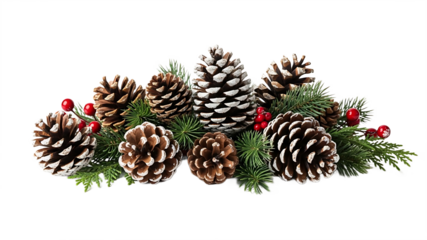 A festive evergreen spruce branch decorated with natural pine cones and holiday ornaments serves as a beautiful winter Christmas tree decoration for a December celebration