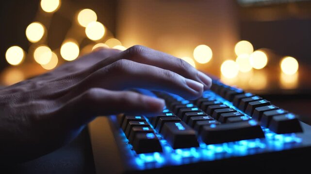 Hands typing on a backlit keyboard