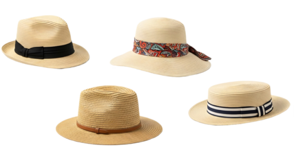 A set of classic hats including a black felt fedora, brown cowboy hat, and vintage bowler isolated on a white background as elegant fashion accessories for men