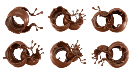 Vector illustration set of chocolate and milk splashes with coffee beans featuring sweet dessert patterns and liquid food icons on a brown background