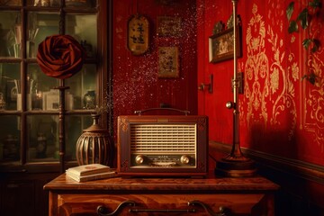 A vintage radio sits on a table in a red room