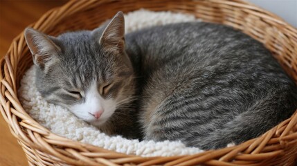 Gray and white cat sleeping in a woven basket. the cat is curled up in the basket with its head resting on a white fluffy blanket.