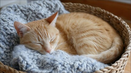 Orange tabby cat sleeping peacefully in a woven basket. the cat is curled up in a blue knitted blanket, with its head resting on the edge of the basket and its eyes closed.