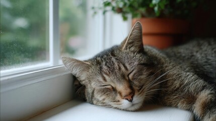 Cat sleeping on a windowsill. the cat is lying on its side with its head resting on its front paws and its eyes closed. its fur is a mix of grey and black stripes, and its ears are perked up.