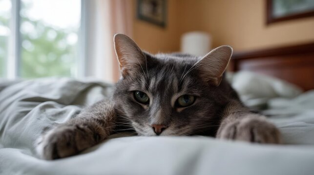 Close-up of a gray cat lying on a bed. the cat is resting its head on its front paws and its eyes are looking directly at the camera. its fur is soft and fluffy, and its ears are perked up. - Powered by Adobe