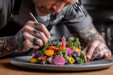 An expert chef skillfully garnishes a gourmet plate, adding vibrant, artistic flair to the culinary masterpiece.