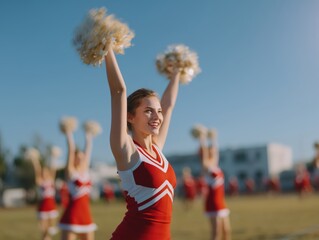 Young energetic cheerleader in a red uniform smiling and raising pom poms high, performing with her team outdoors on a sunny day, showcasing school spirit and enthusiasm