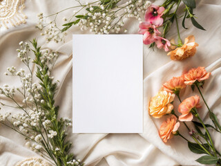 Blank 5x7 paper card mockup on beige fabric with orange carnation flowers and white gypsophila. Vertical wedding invitation template flat lay. © TatiMockups