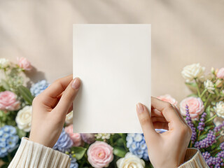 Female hands holding blank 5x7 paper card mockup. Vertical invitation template with blurred colorful spring flowers background.