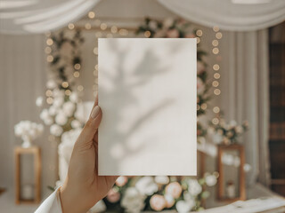 Female hand holding blank 5x7 paper card mockup. Blurred wedding background with floral arch and bokeh lights.