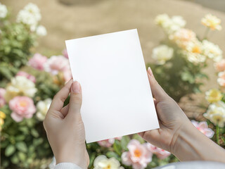 Female hands holding blank 5x7 paper card mockup. Vertical invitation template on blurred rose garden background outdoors.