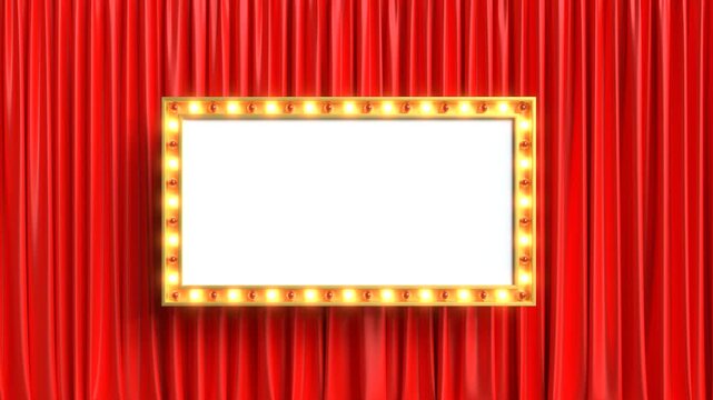 Marquee sign illuminated with bright bulbs against a red theater curtain, ready for custom text. 3D Render