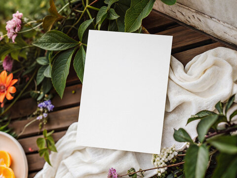 Vertical 5x7 paper card mockup on wooden table with green leaves and orange slices. Rustic summer garden invitation template.