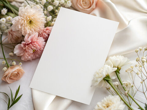 Elegant wedding card mockup 5x7 on white satin fabric with pastel pink chrysanthemum flowers.