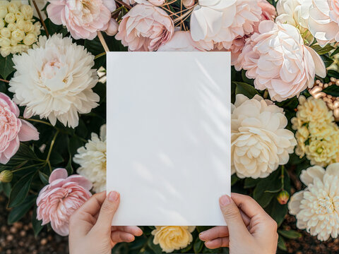 Female hands holding blank 5x7 paper card mockup. Vertical invitation template with blooming pink peony flowers and sunlight shadows.