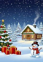 Obraz premium Snowman and decorated Christmas tree with gifts in snowy forest