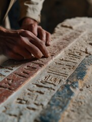 Archaeologist's hands tracing ancient hieroglyphs carved into a weathered stone sarcophagus, revealing historical secrets of an ancient civilization in egypt, exploration and discovery