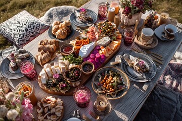 An idyllic outdoor picnic spread is artistically arranged with an array of mouthwatering dishes.