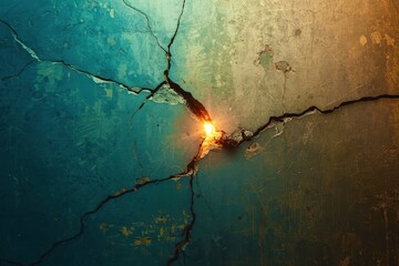 A crack in a wall with a light shining through it