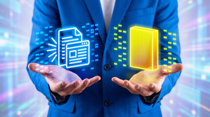 Businessman in blue suit holding digital file and gold bar in hands  financial data storage