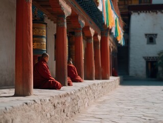 Monks in red robes meditate by large golden prayer wheels under colorful prayer flags in a monastery courtyard, embodying calm devotion and timeless buddhist tradition