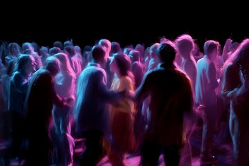 An indistinct image capturing a gathering of people grooving in low light, generative AI image.