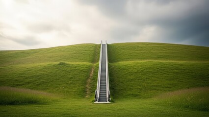 An escalator ascends a lush green hill under a cloudy sky