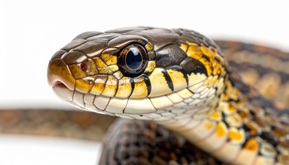 Fototapeta premium A coiled snake with dark brown and yellow scales rests on a white surface, head raised and facing forward, detailed texture and direct gaze creating intensity, contrast, and visual engagement.
