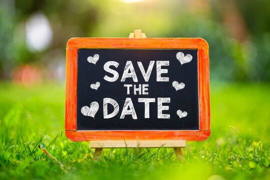 Board save the date mockup in garden. - Powered by Adobe