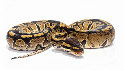 Fototapeta premium A coiled ball python with dark brown, black, and tan blotched scales rests on a white surface, head slightly raised and facing forward, showcasing texture, symmetry, and exotic reptilian elegance.