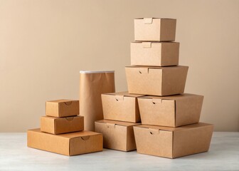 Obraz premium Stack of various sized brown cardboard boxes and a paper cylinder, representing shipping and delivery.