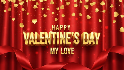 The glowing golden words "Happy Valentine's Day My Love" are elegantly displayed against a luxurious pleated red curtain adorned with falling golden hearts and a gracefully draped red satin ribbon.