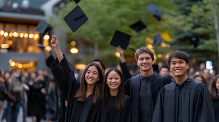 A wide outdoor celebration captures smiling families and classmates as accomplished graduates gather together to toss caps, expressing joy, freedom, and the transition to professional life.