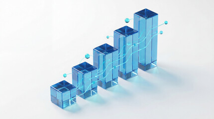 Blue glass 3D bar chart with smooth glowing lines and spheres, representing data analytics, financial growth, and digital performance tracking.